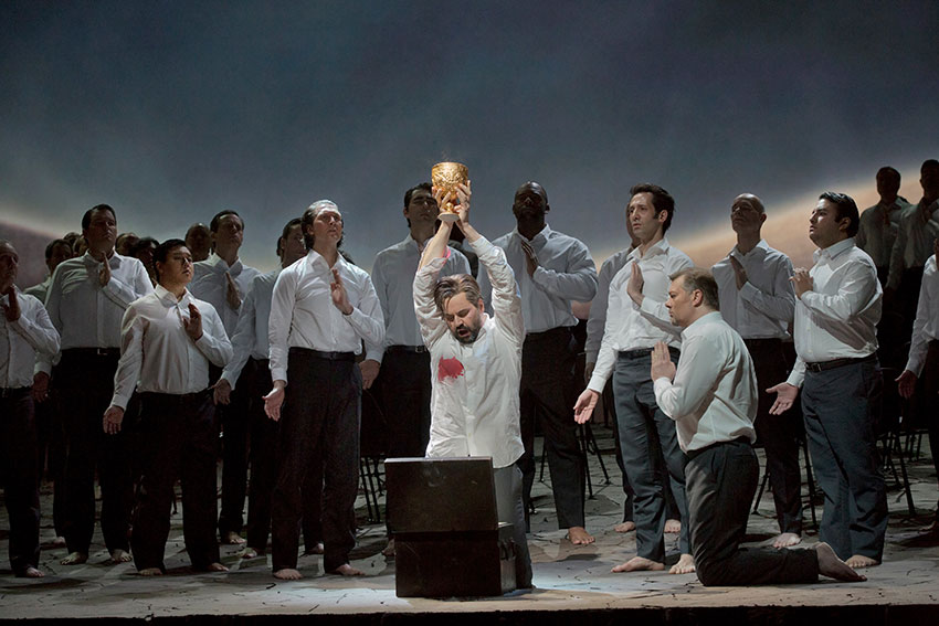 Peter Mattei as Amfortas and René Pape as Gurnemanz. Courtesy of Ken Howard / Metropolitan Opera.