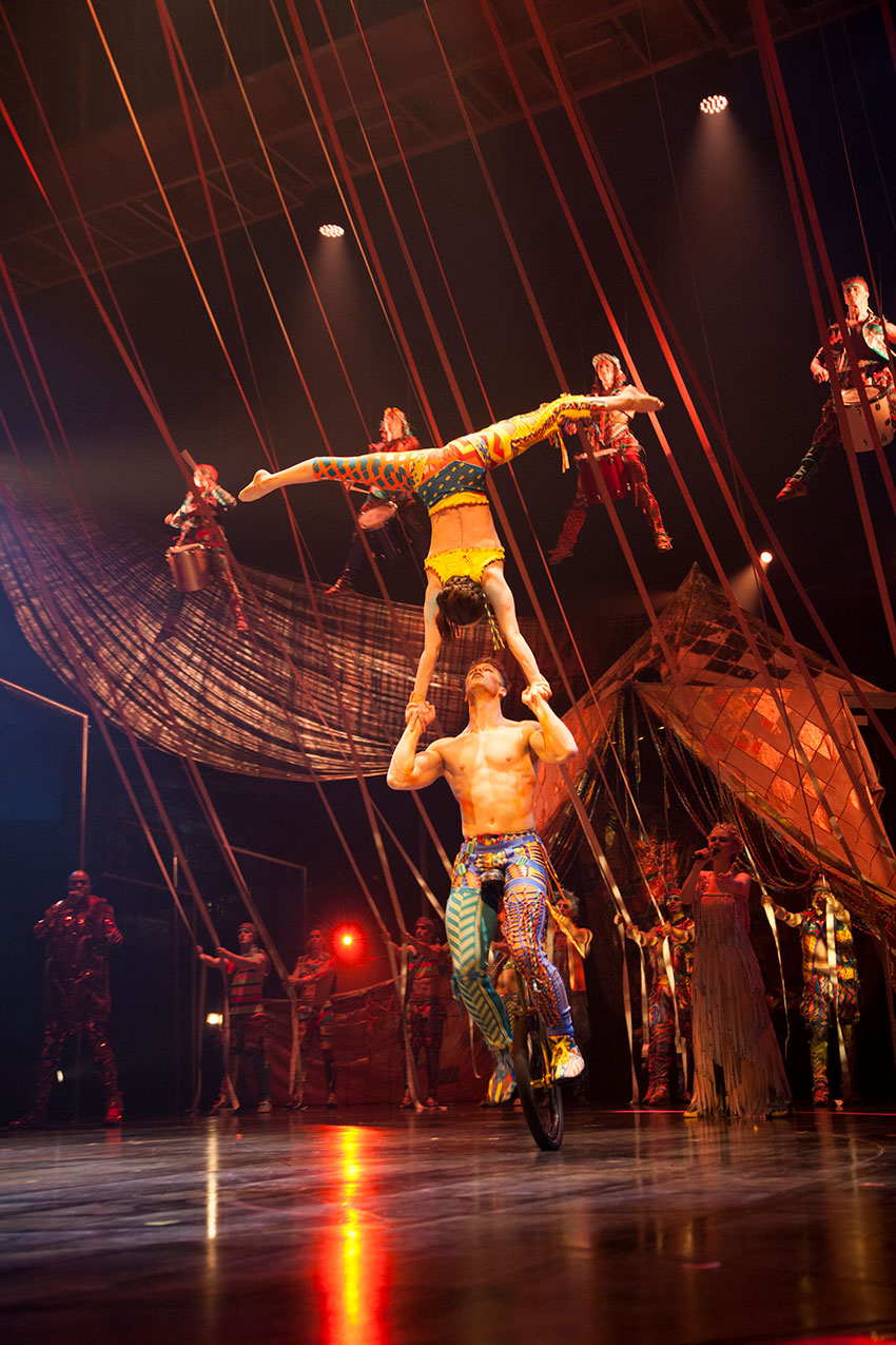 Hand to Hand Unicycle acrobats in 'VOLTA.' Courtesy Cirque du Soleil.