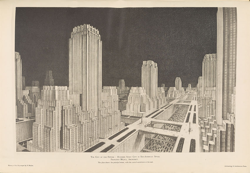 Mugica 'The City of the Future: Hundred Story City in Neo-American Style' 1929. Courtesy of The Getty Research Institute.