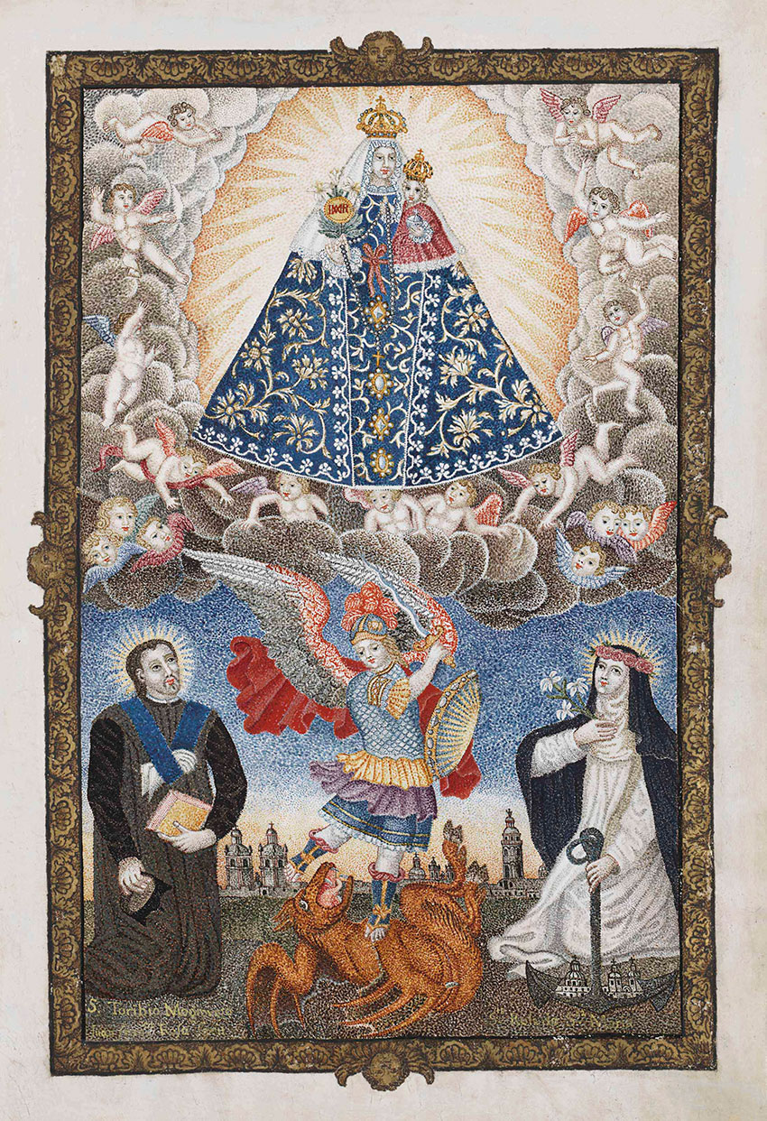 Juan Francisco de Rosa 'Virgen del Rosario con San Toribio de Mogrovejo, San Miguel Arcángel y Santa Rosa de Lima' (18th century). Courtesy of Christie's New York. 