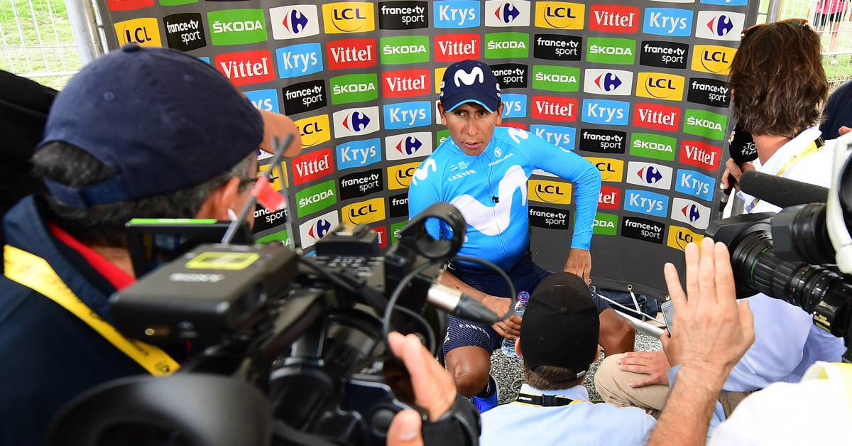 Nairo Quintana talks with media after winning the Tour de France Stage 17. Courtesy of the Amaury Sport Organization.