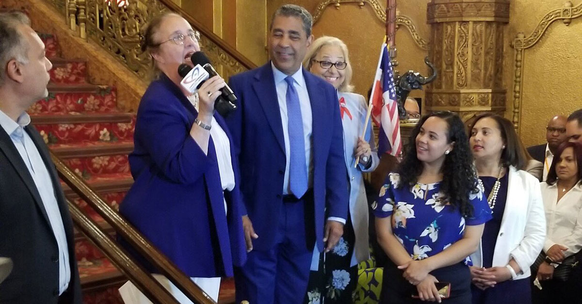 Manhattan Borough President Gale Brewer and Congressman Adriano Espaillat, and Parade organizer Maria Khury at the 2018 Dominican Day Parade Launch.