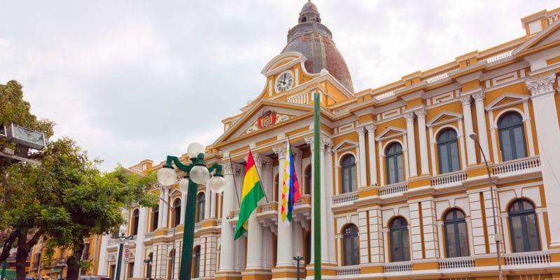 The two flags of Bolivia on the Congress in La Paz (Dmitriyrnd/Dreamstime)