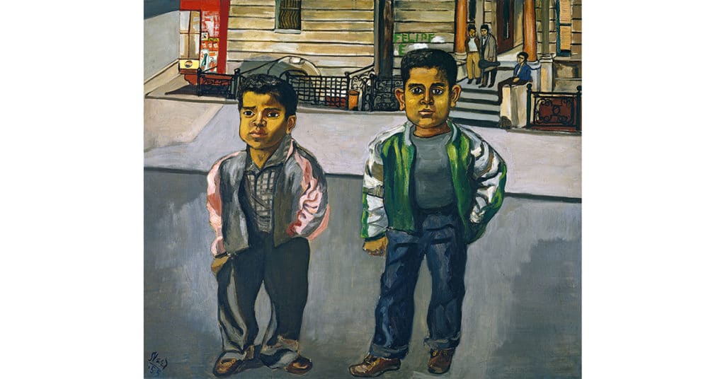 Alice Neel, (American, 1900–1984) Dominican Boys on 108th Street, 1955 Oil on canvas 41 7/8 × 48 1/16 in. (106.3 × 122 cm) Tate: Presented by the American Fund for the Tate Gallery, courtesy of Hartley and Richard Neel, the artist’s sons 2004 © The Estate of Alice Neel